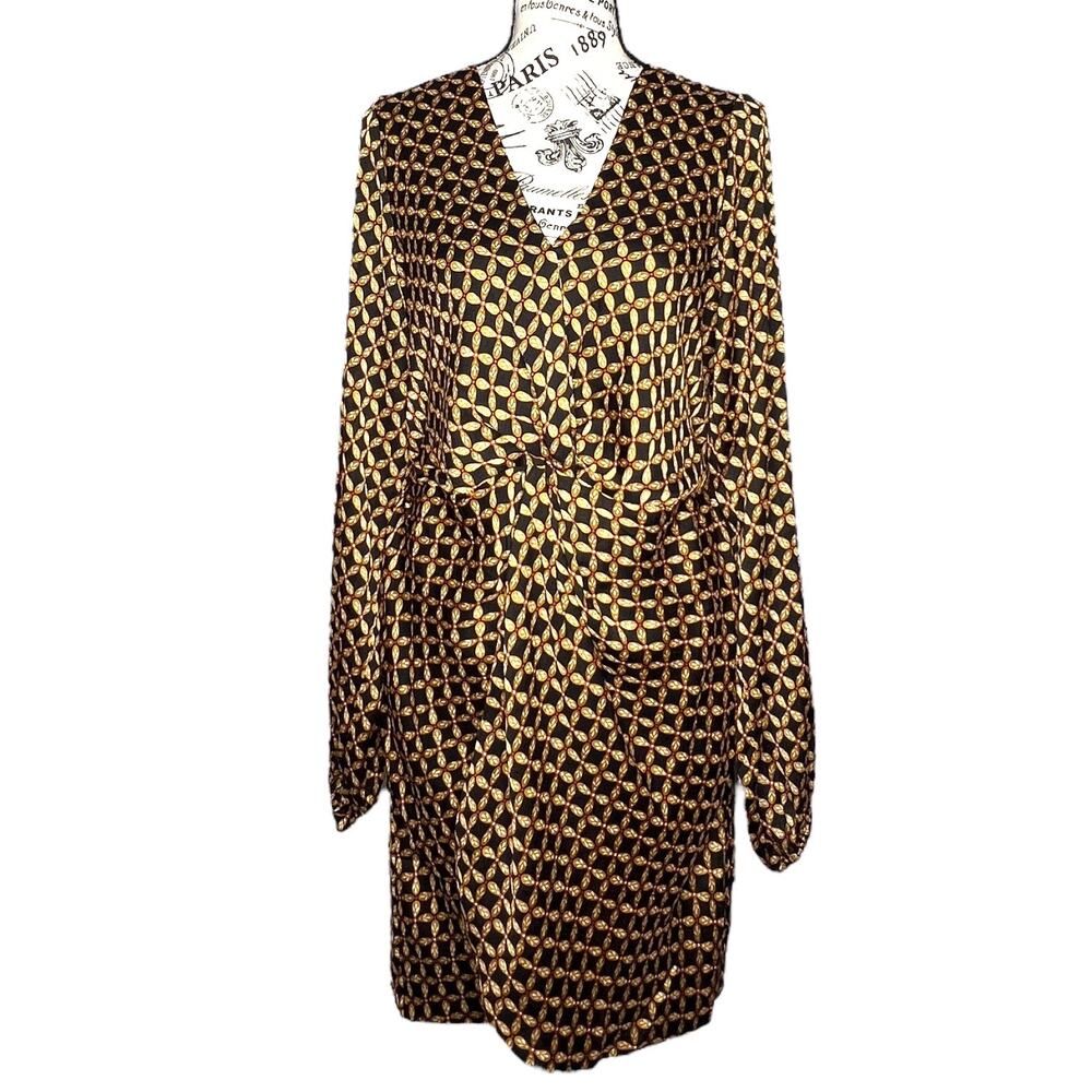 Mink Pink LARGE Gold Patterned Front Bunch Snap V Neck Valentina Mini Dress